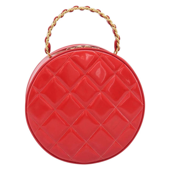 CHANEL Matelasse Round Vanity Hand Bag Patent leather Red Gold CC Auth BA15864SM