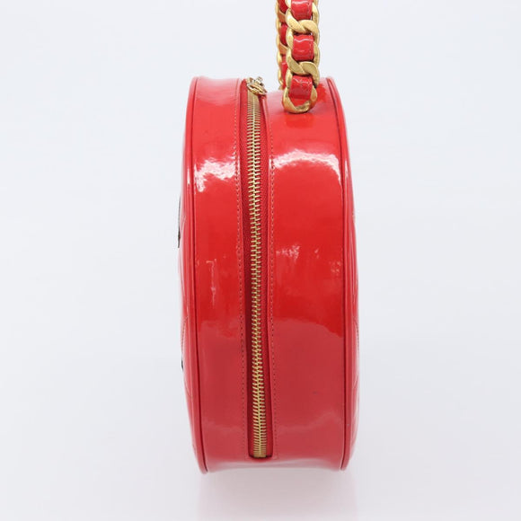 CHANEL Matelasse Round Vanity Hand Bag Patent leather Red Gold CC Auth BA15864SM