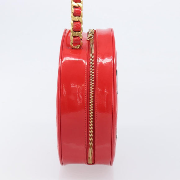 CHANEL Matelasse Round Vanity Hand Bag Patent leather Red Gold CC Auth BA15864SM