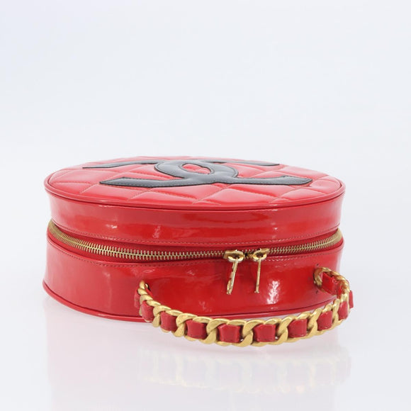 CHANEL Matelasse Round Vanity Hand Bag Patent leather Red Gold CC Auth BA15864SM