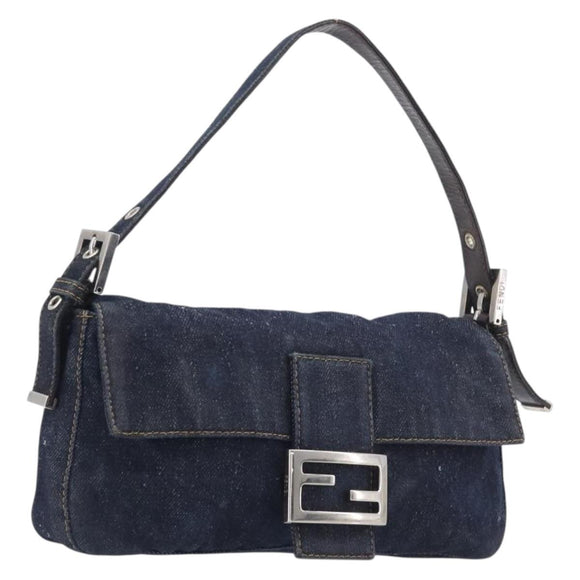 FENDI Mamma Baguette Shoulder Bag Denim Blue Silver Auth BA15869V