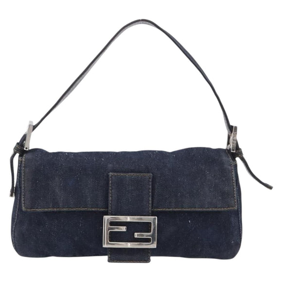 FENDI Mamma Baguette Shoulder Bag Denim Blue Silver Auth BA15869V