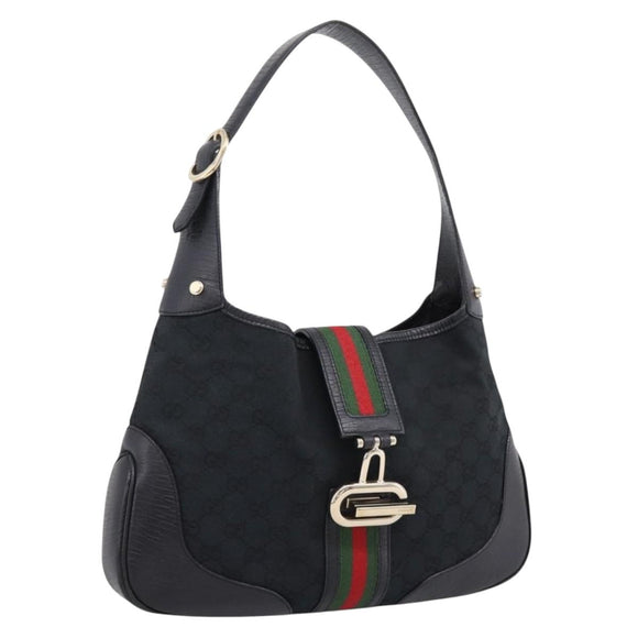 GUCCI GG Canvas Abby G Rock Shoulder Bag Leather Black Gold 130779 Auth BA15874V