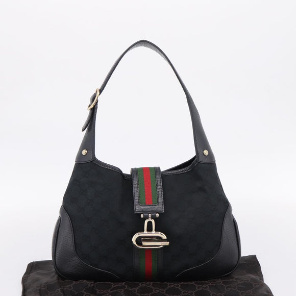 GUCCI GG Canvas Abby G Rock Shoulder Bag Leather Black Gold 130779 Auth BA15874V