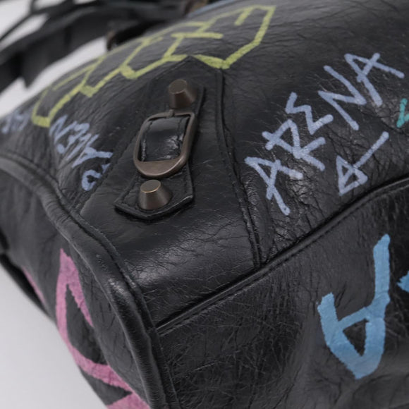 Balenciaga The City Graffiti Hand Bag Leather Black 115748 Auth BA15876M