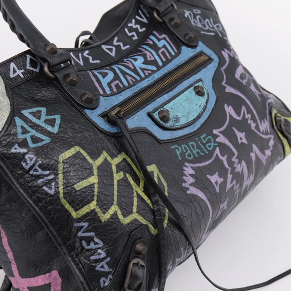 Balenciaga The City Graffiti Hand Bag Leather Black 115748 Auth BA15876M