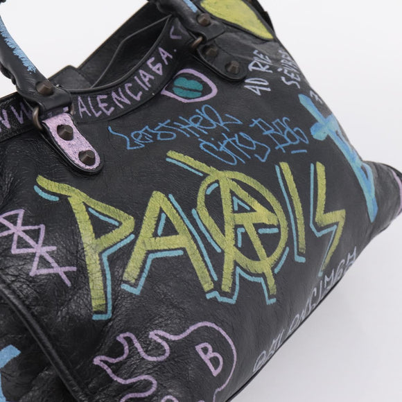 Balenciaga The City Graffiti Hand Bag Leather Black 115748 Auth BA15876M