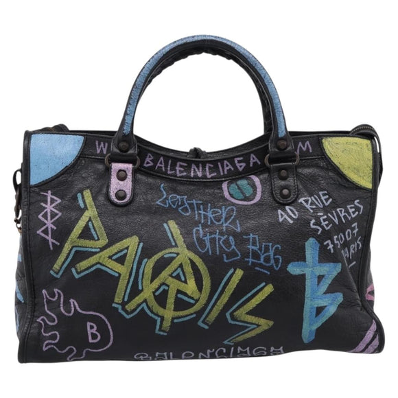 Balenciaga The City Graffiti Hand Bag Leather Black 115748 Auth BA15876M