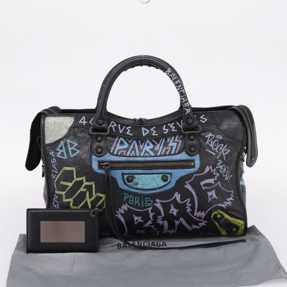 Balenciaga The City Graffiti Hand Bag Leather Black 115748 Auth BA15876M