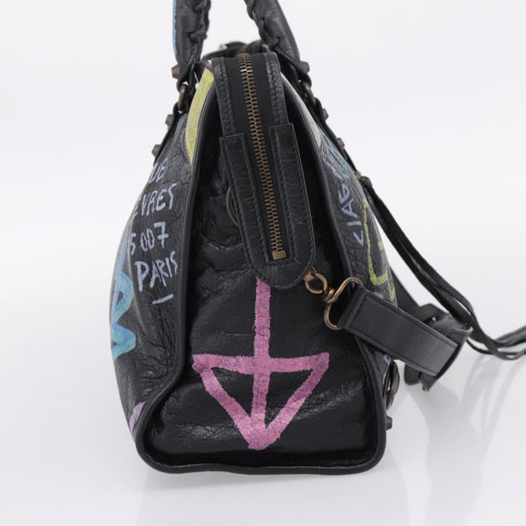 Balenciaga The City Graffiti Hand Bag Leather Black 115748 Auth BA15876M