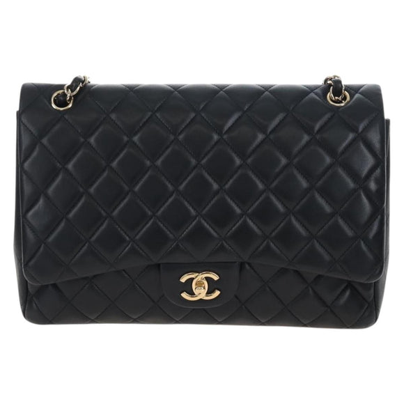 CHANEL Big Matelasse32 Chain Bag Lamb Skin Black Gold CC Auth BA15880SAM
