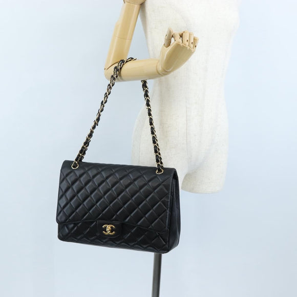 CHANEL Big Matelasse32 Chain Bag Lamb Skin Black Gold CC Auth BA15880SAM