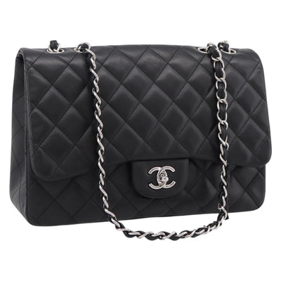 CHANEL Big Matelasse30 Chain Bag Lamb Skin Black Silver CC Auth BA15881SAM