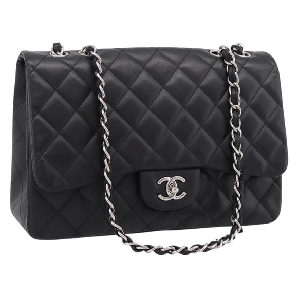 CHANEL Big Matelasse30 Chain Bag Lamb Skin Black Silver CC Auth BA15881SAM