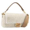 FENDI Zucca Canvas Mamma Baguette Shoulder Bag Fur 2way White Gold Auth BA15885M-1