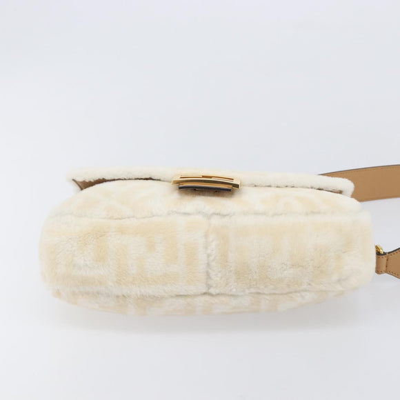 FENDI Zucca Canvas Mamma Baguette Shoulder Bag Fur 2way White Gold Auth BA15885M