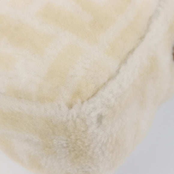 FENDI Zucca Canvas Mamma Baguette Shoulder Bag Fur 2way White Gold Auth BA15885M