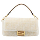 FENDI Zucca Canvas Mamma Baguette Shoulder Bag Fur 2way White Gold Auth BA15885M-2
