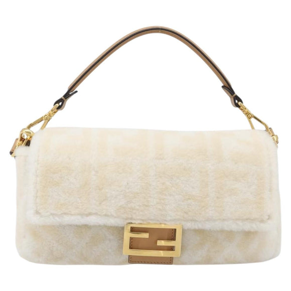 FENDI Zucca Canvas Mamma Baguette Shoulder Bag Fur 2way White Gold Auth BA15885M