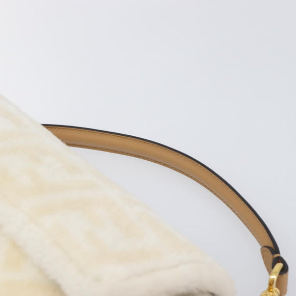 FENDI Zucca Canvas Mamma Baguette Shoulder Bag Fur 2way White Gold Auth BA15885M