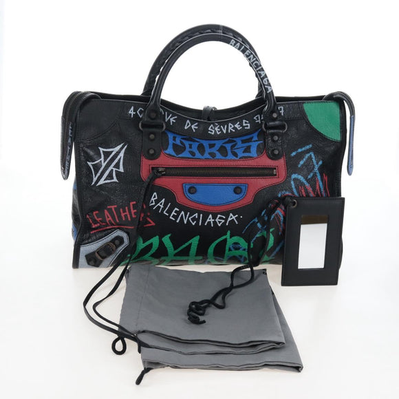 Balenciaga The City Graffiti Hand Bag Leather 2way Black 505550 Auth BA15893SAM