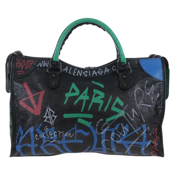 Balenciaga The City Graffiti Hand Bag Leather 2way Black 505550 Auth BA15893SAM