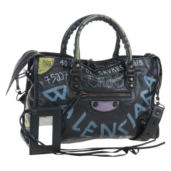 Balenciaga Classic City Graffiti Bag Leather 2way Black 431621 Auth BA15914M