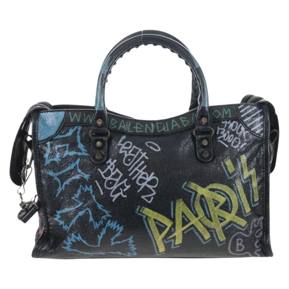 Balenciaga Classic City Graffiti Bag Leather 2way Black 431621 Auth BA15914M