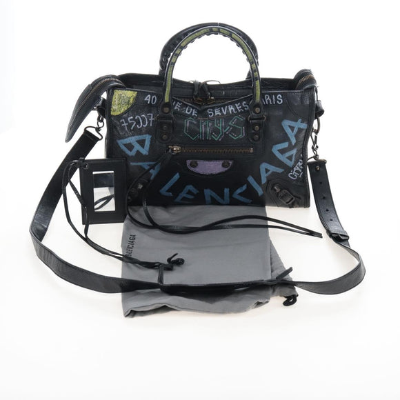 Balenciaga Classic City Graffiti Bag Leather 2way Black 431621 Auth BA15914M