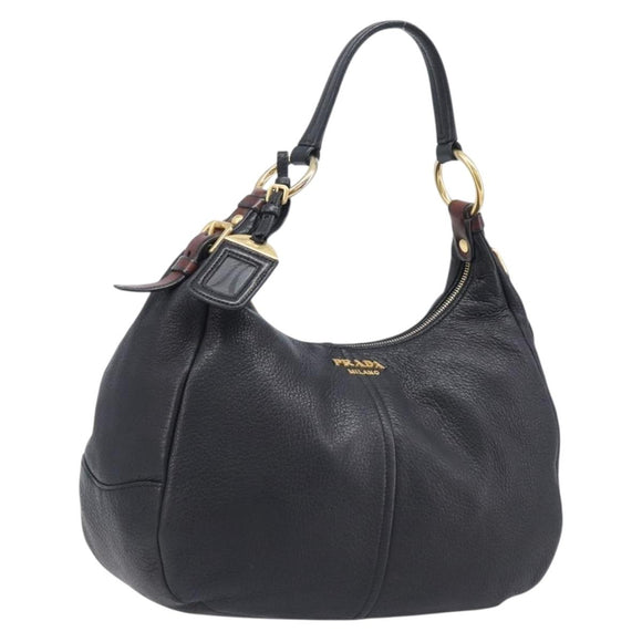 PRADA Shoulder Bag Vittero Dino Leather Black Gold Auth BA15917V