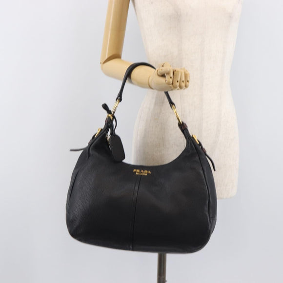 PRADA Shoulder Bag Vittero Dino Leather Black Gold Auth BA15917V