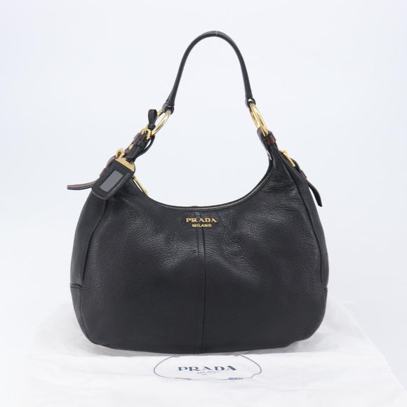 PRADA Shoulder Bag Vittero Dino Leather Black Gold Auth BA15917V