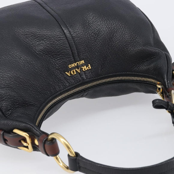 PRADA Shoulder Bag Vittero Dino Leather Black Gold Auth BA15917V