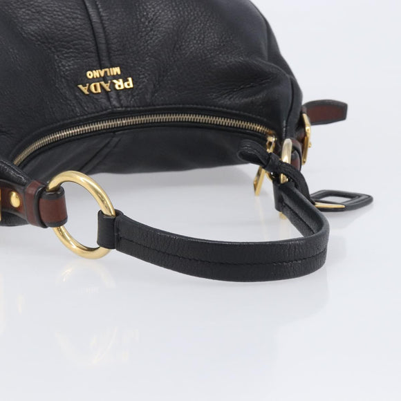 PRADA Shoulder Bag Vittero Dino Leather Black Gold Auth BA15917V