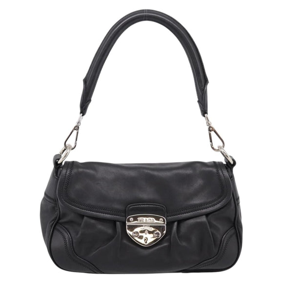 PRADA Shoulder Bag Leather Black Silver Auth BA15921M
