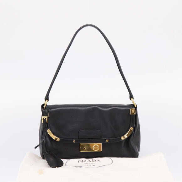 PRADA Shoulder Bag Leather Black Gold Auth BA15922M
