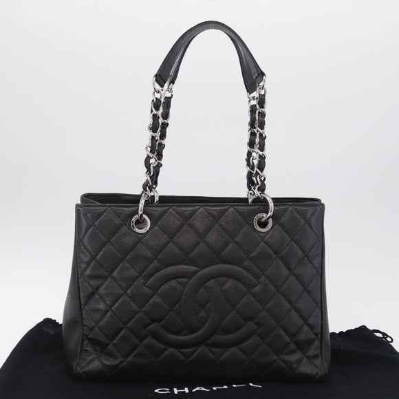 CHANEL Matelasse Chain Tote Bag Caviar Skin Black Silver CC Auth BA15924SAM