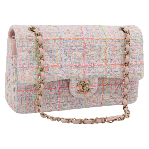 CHANEL Chain Matelasse 25 Shoulder Bag tweed Pink Gold CC Auth BA15926SM