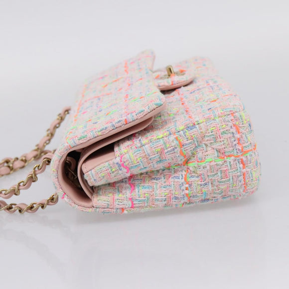 CHANEL Chain Matelasse 25 Shoulder Bag tweed Pink Gold CC Auth BA15926SM