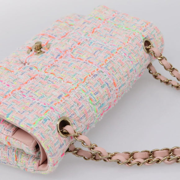 CHANEL Chain Matelasse 25 Shoulder Bag tweed Pink Gold CC Auth BA15926SM