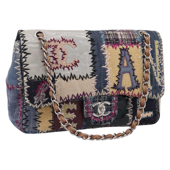 CHANEL Chain Limited Edition Patchwork Bag Denim Blue Silver CC Auth BA15928SM