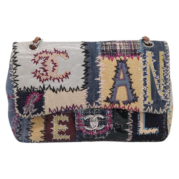 CHANEL Chain Limited Edition Patchwork Bag Denim Blue Silver CC Auth BA15928SM
