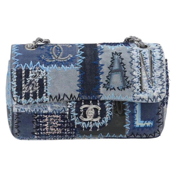 CHANEL Chain Limited Edition Patchwork Bag Denim Blue Silver CC Auth BA15929SM