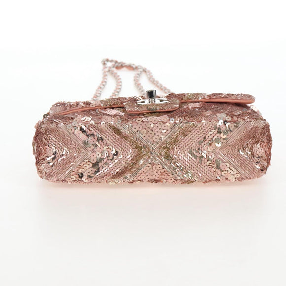 CHANEL Chevron Chain Shoulder Bag Sequin Pink Silver CC Auth BA15931SM
