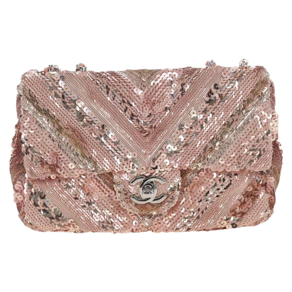 CHANEL Chevron Chain Shoulder Bag Sequin Pink Silver CC Auth BA15931SM