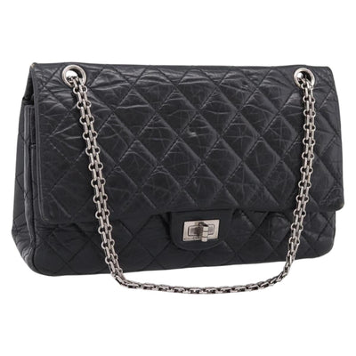 CHANEL Chain Matelasse 2.55 Shoulder Bag Leather Black Silver CC Auth BA15933A
