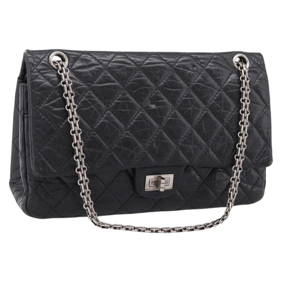 CHANEL Chain Matelasse 2.55 Shoulder Bag Leather Black Silver CC Auth BA15933A