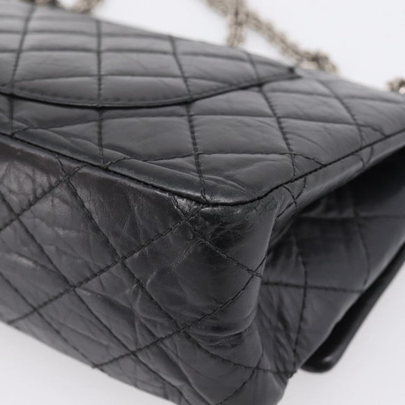 CHANEL Chain Matelasse 2.55 Shoulder Bag Leather Black Silver CC Auth BA15933A