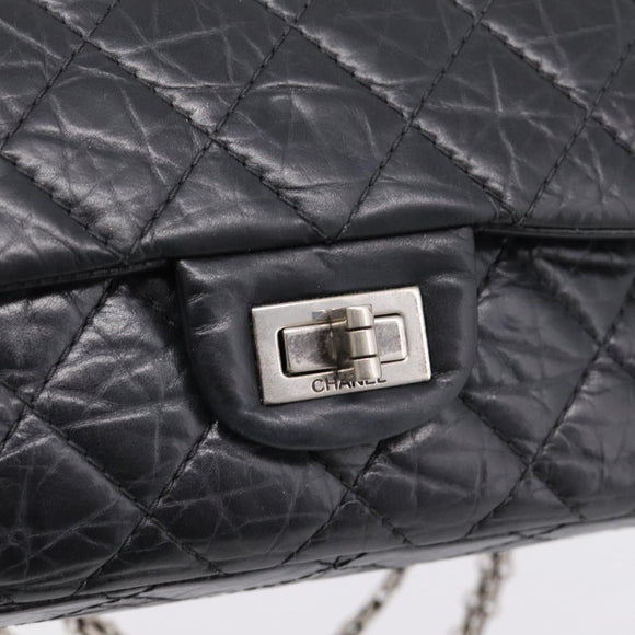 CHANEL Chain Matelasse 2.55 Shoulder Bag Leather Black Silver CC Auth BA15933A