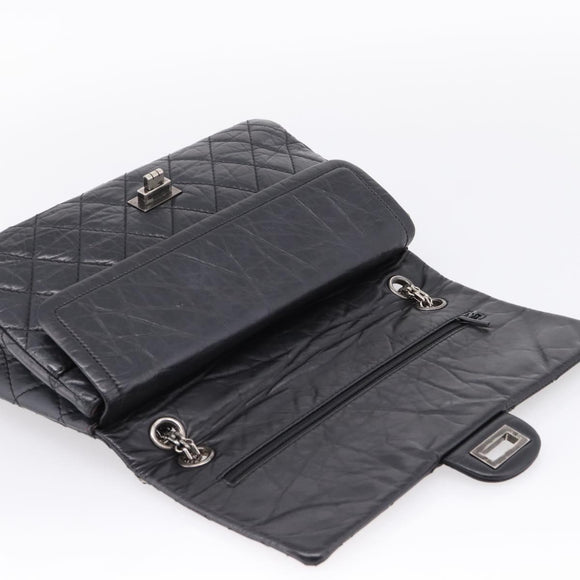 CHANEL Chain Matelasse 2.55 Shoulder Bag Leather Black Silver CC Auth BA15933A